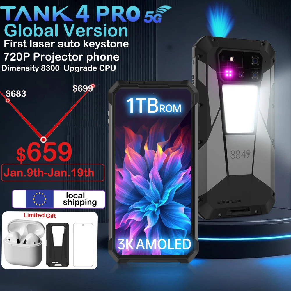 8849 Tank 4 Pro Unihertz 5G Rugged Projector Smartphone 36G 1TB Android 14 Sports Phone 11600mAh Dimensity8300 AMOLED 120HZ