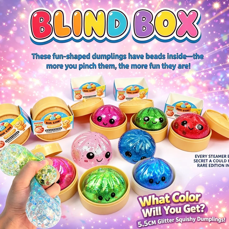 1-6 Stück Dumpling Squishy mit verstecktem Design und Glitzerperlen, Überraschungsbox mit Verpackung, realistischer Brötchen-Quetschball zur Stresslinderung