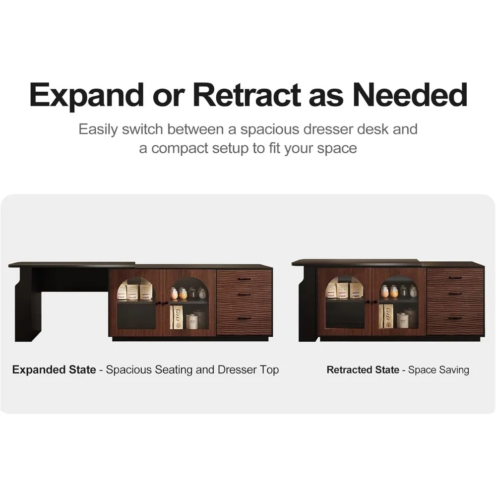 قابل للسحب على شكل حرف L 90 ° مكتب دوار (65.75 بوصة - 4.48 بوصة قابل للتعديل)، 3 أدراج وأقدام جانبية للتخزين، باب خزانة زجاجي مقوس #5