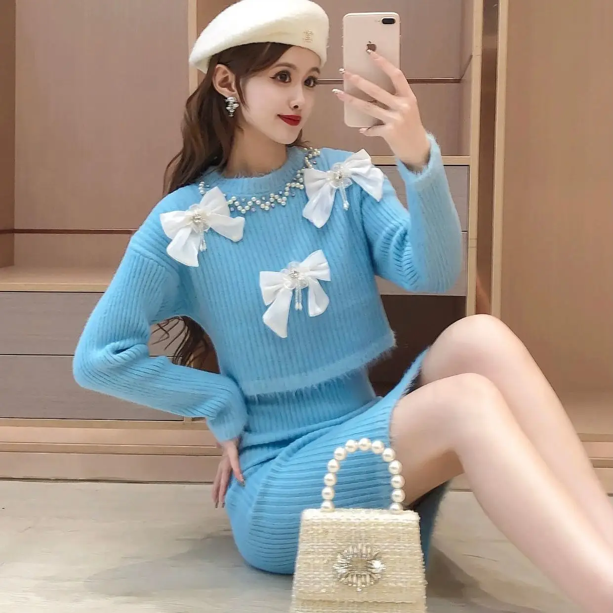 Korejpaa Vestiti autunnali Maglioni Set di vestiti Francese Elegante Nail Bead Bow Nappa Maglione Pull Femme + scollo a V Abiti dal carro armato Vestito