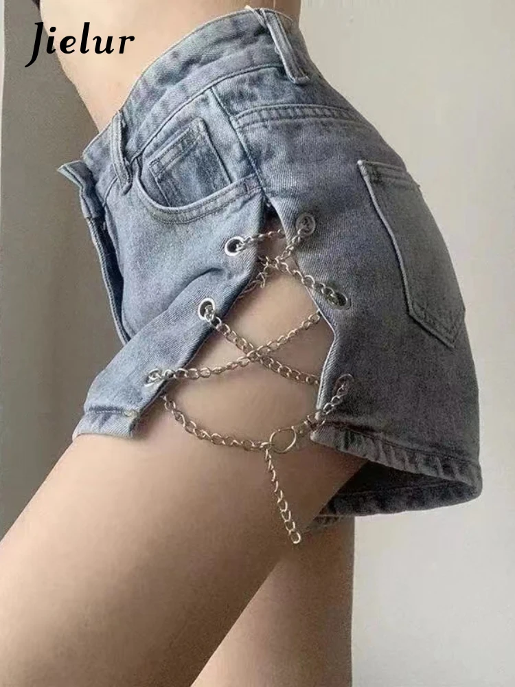 jielur Design Straight Hot Short Jeans Woman Slim Casual Fashion Short Trousers Short Trousers Chain Vintage Denim Short