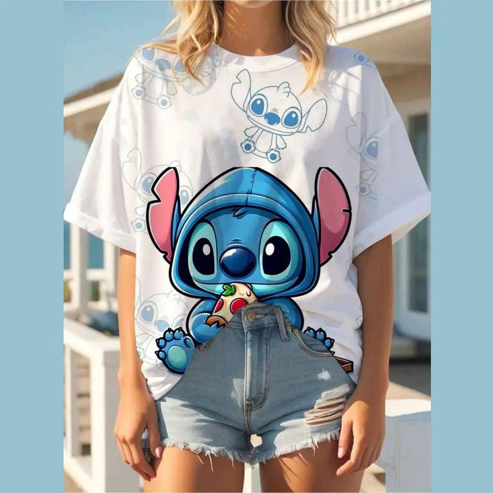 

Disney Women's T-Shirts For Women Stitch Print Tees Casual Street Femalewear Summer Oversized T-Shirt Fashion Lady Y2k Clothing