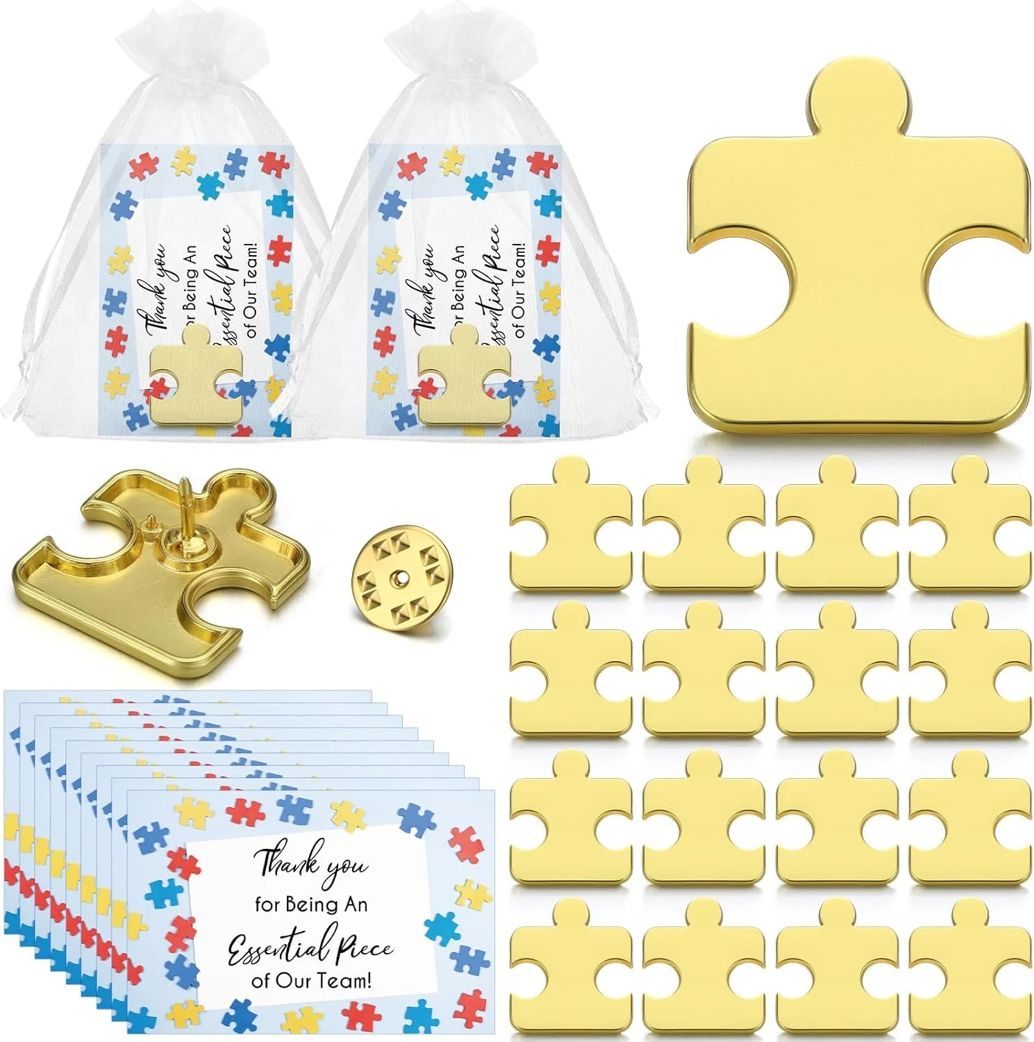 10 مجموعات من هدايا شكر الموظفين الجماعي - دبابيس ألغاز كبيرة مع بطاقات شكر وأكياس شاش مناسبة للهدايا