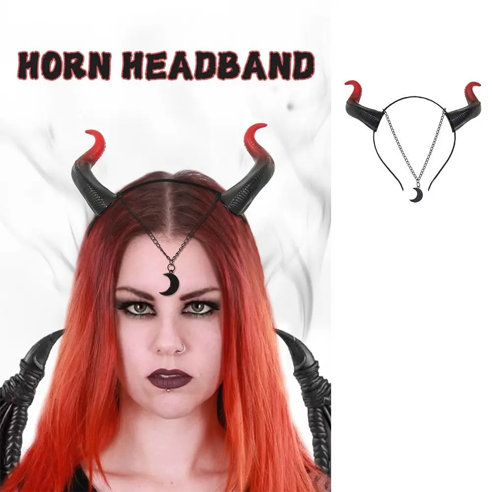 Trendy Black Red Devil Horn Headband Headwear Ox Horns Demon Hair Hoop Gothic Animal Witch Halloween Hair Band Cosplay