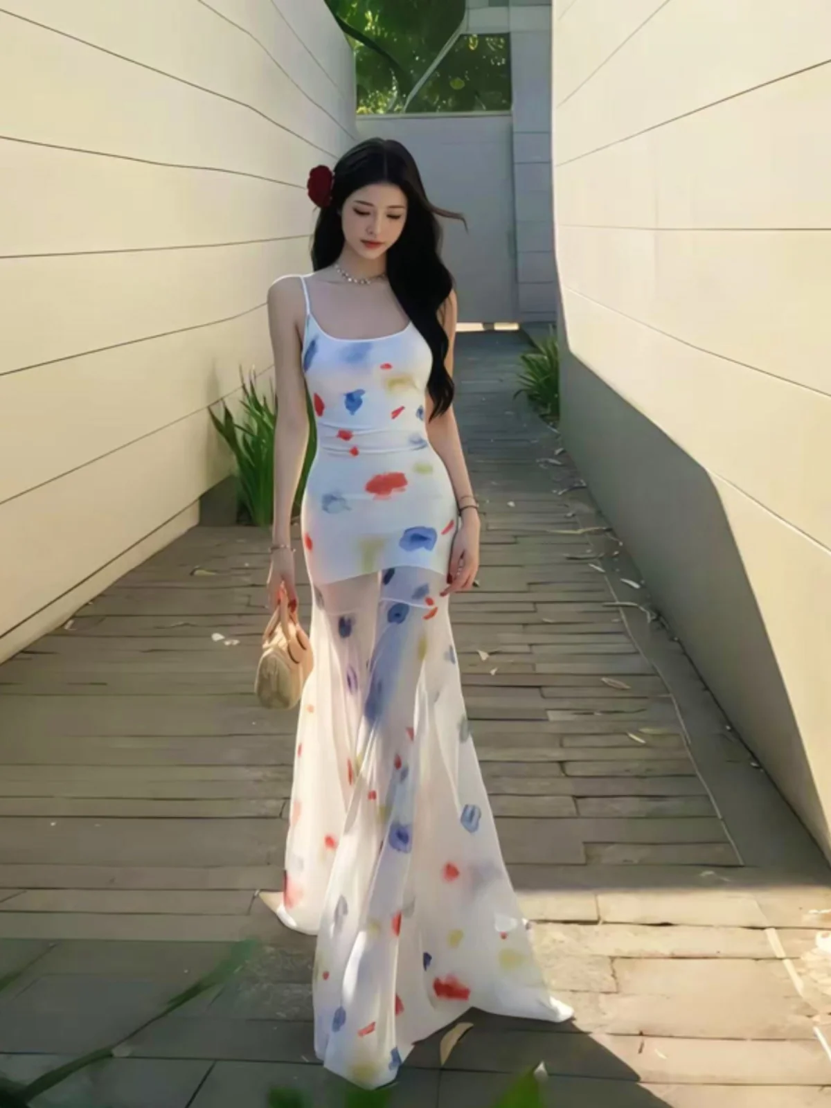 Vestido Longo Off-Shoulder com Corte na Cintura e Cauda Longa, Estilo Casual de Verão