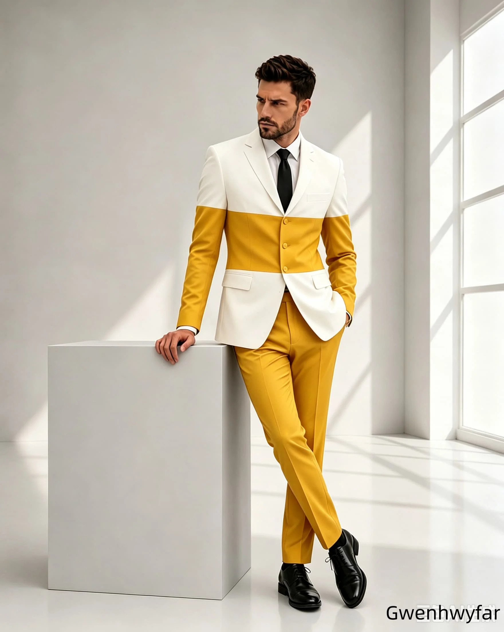 Gwenhwyar New Arrival Color Block White & Bold Contrast Tailored Suit for Men, Premium Formal Wedding Party Blazer Pants Set
