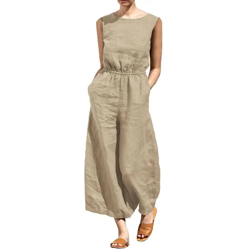 New Cotton And Linen Jumpsuit Women Solid Sleeveless Pocket High Waist Wide Legs Jumpsuits Casual Commuting Ladies Bodysuits