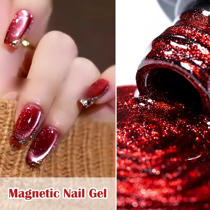 MEET ACROSS 7ml Red Glitter Cat Eye Gel Polish Christmas Magnetic Gel Semi-permanent nail polish Soak Off Gel nails accessories