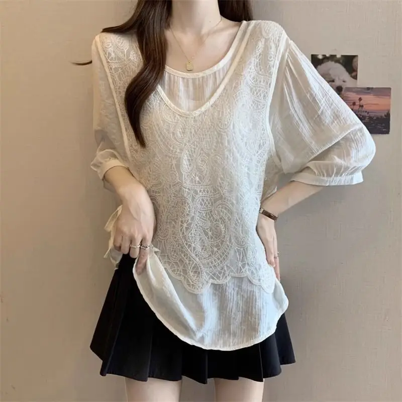 

Sweet Lace Fake Two Piece Short Sleeve Blouse Summer New Thin Solid Loose Fashion Shirt Tops Korean Temperament Women Clothing