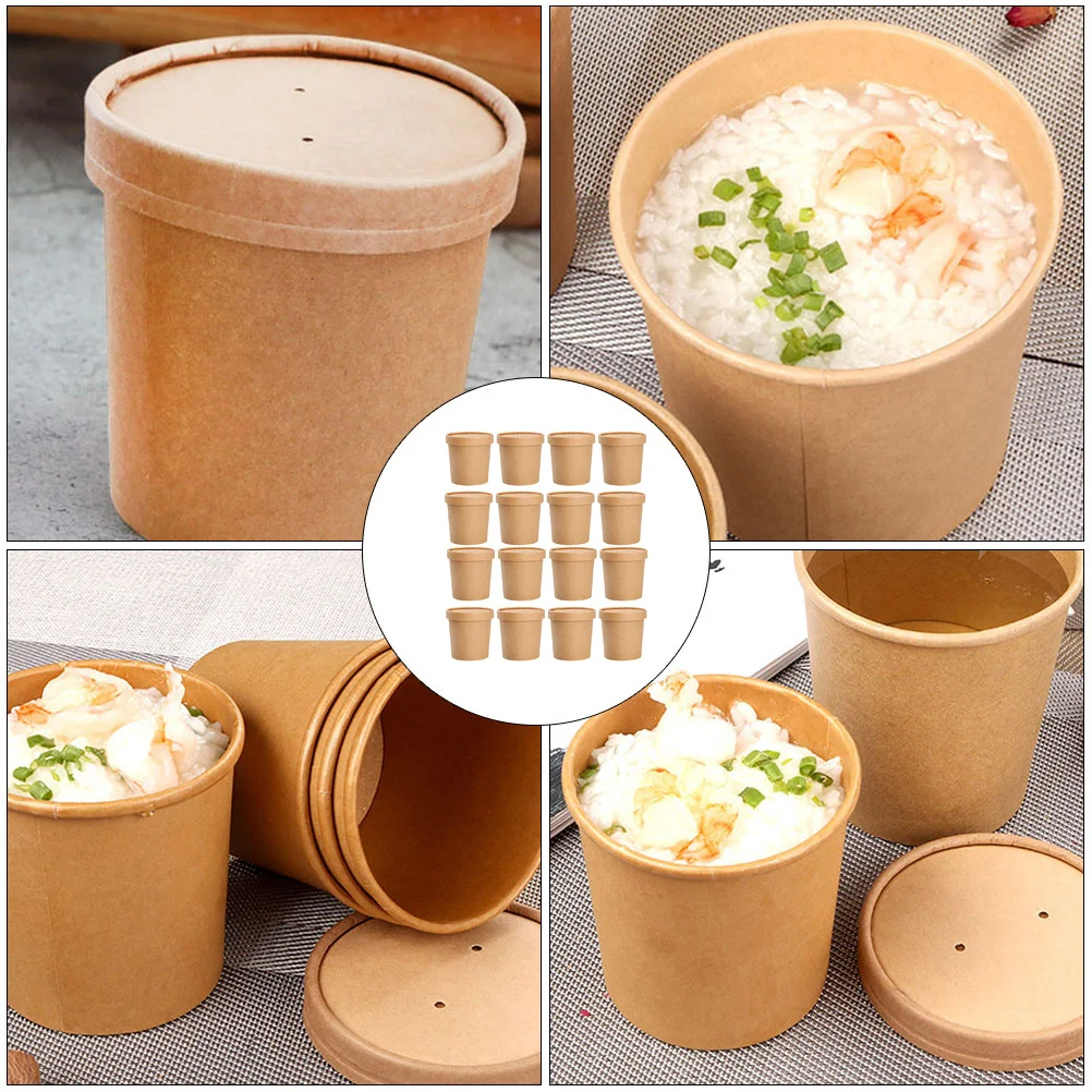 

50Sets Kraft Paper Soup Cups Disposable Sturdy Porridge Containers with Lids Takeout Dessert Food Holders Soup Containers