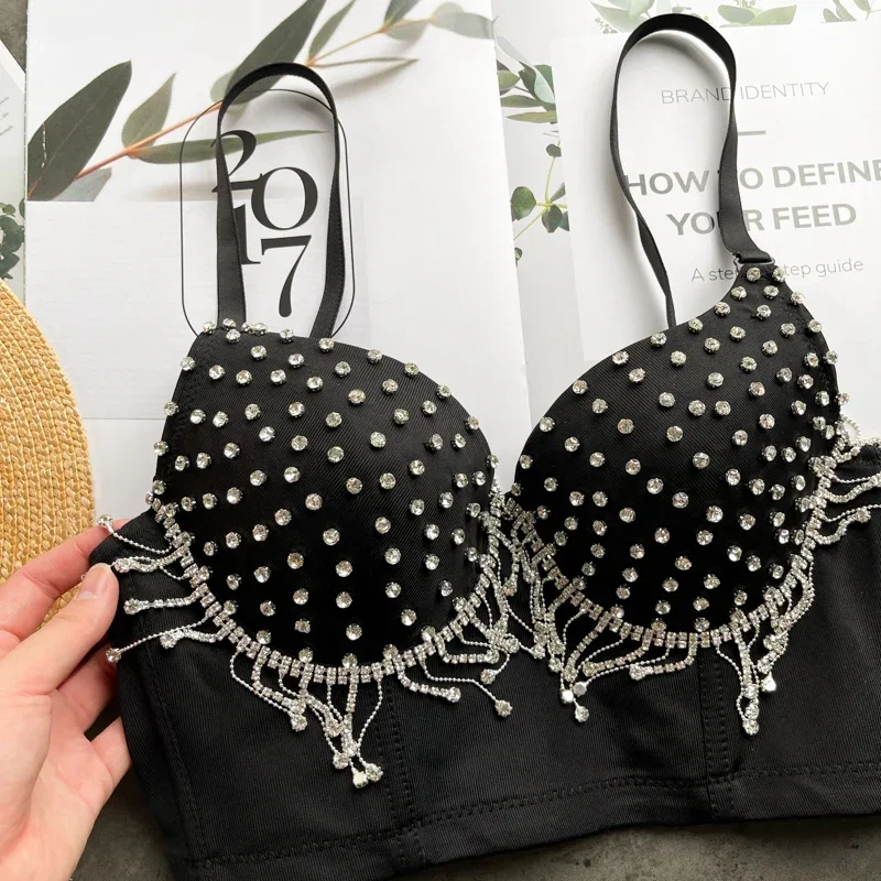 

Sweet Memory Rhinestone Tassels Night Out Club Busiter Crop Top Black White Push up Bralette Corset Bustier Bra