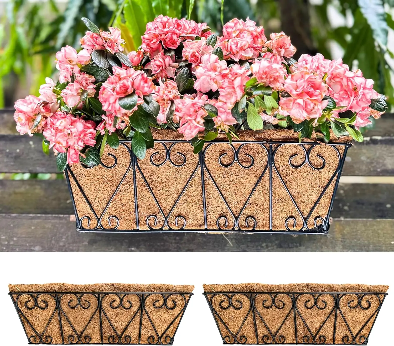

2 Pack 16 Inch Window Flower Boxes, Outdoor Metal Wire Basket with Coco Liners for Deck Railing, Balcony Garden
