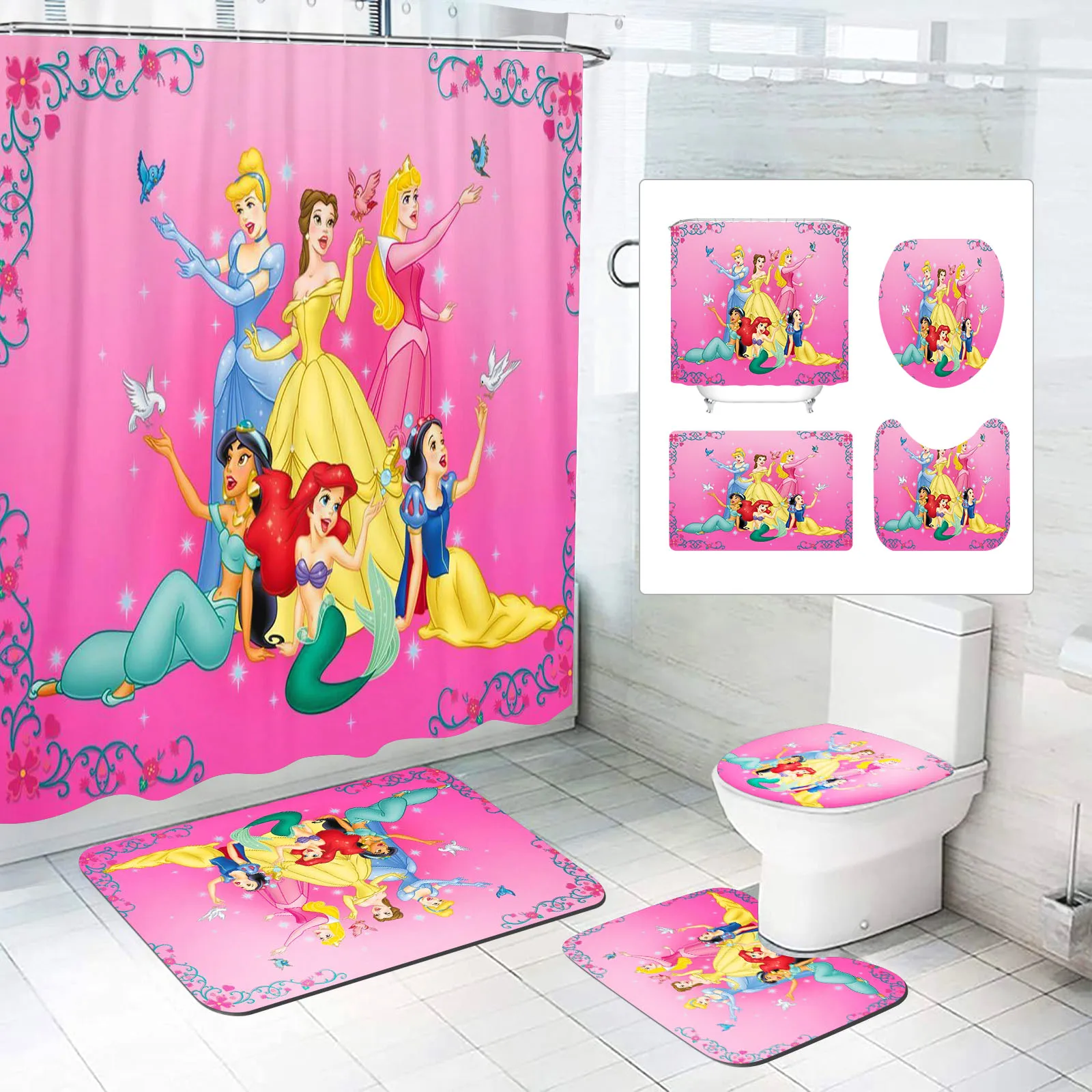 

Сказочная принцесса, занавеска для душа, коврики для ванной, кавайный мультфильм для ванной комнаты, отличный подарок для детей, милый набор из полиэстера, комплект из 4 предметов