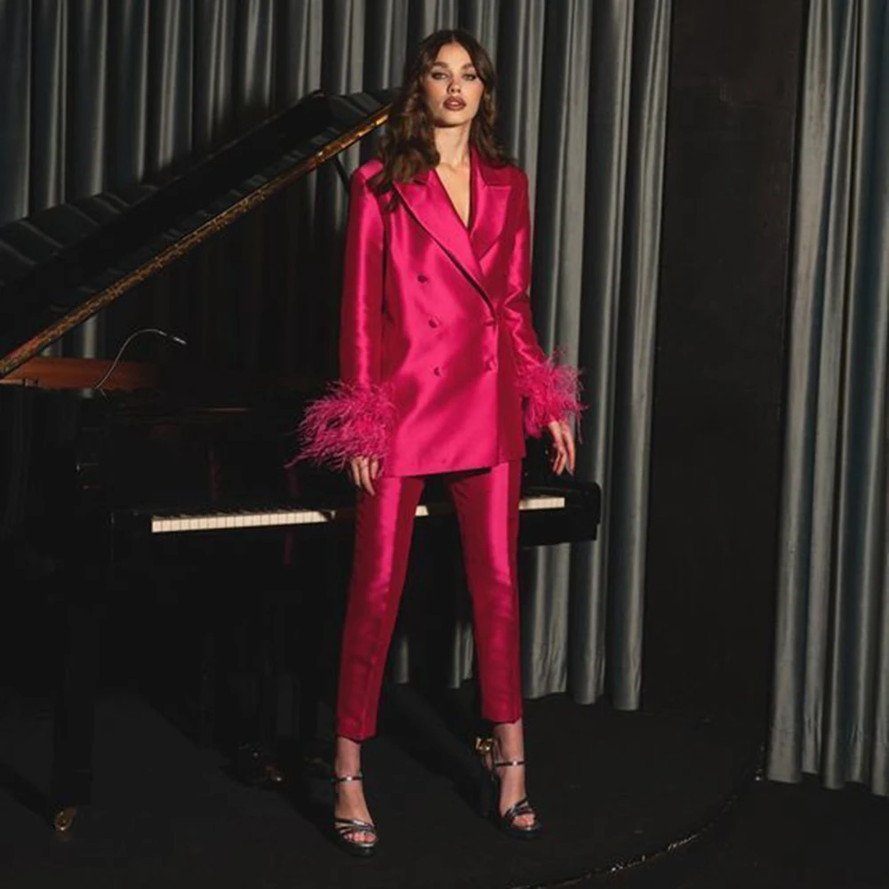 Luxury Rose Red Satin Feather Women Two Pieces Suit Peak Lapel Double Breasted Jacket Pant Set Office Wedding Female Clothing