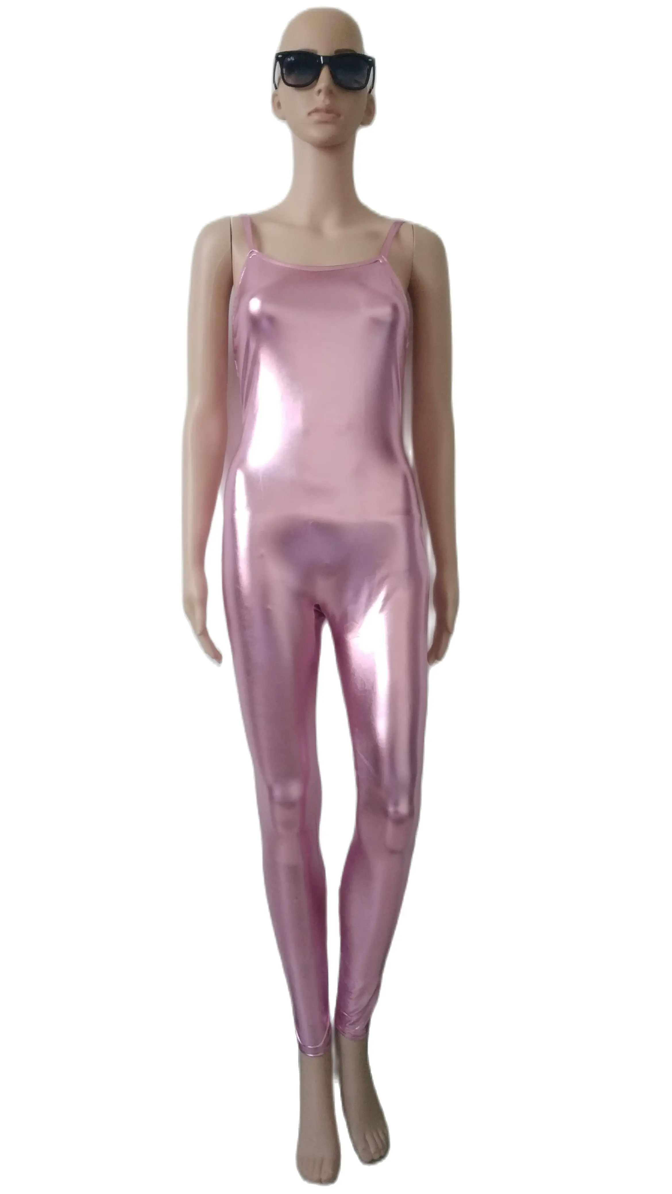 

Женский сексуальный комбинезон на бретельках, командная одежда розового цвета, комбинезон с блестящим металлическим зентай, необычная одежда для гимнастики