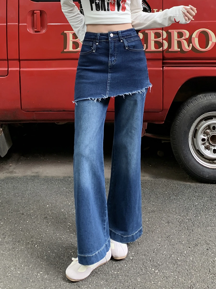 ReddaChic Solid Casual Wrap Skirt Denim Pants for Women Street Retro Frayed Fake Two-Piece High Rise Bootcut Jeans Everyday Wear