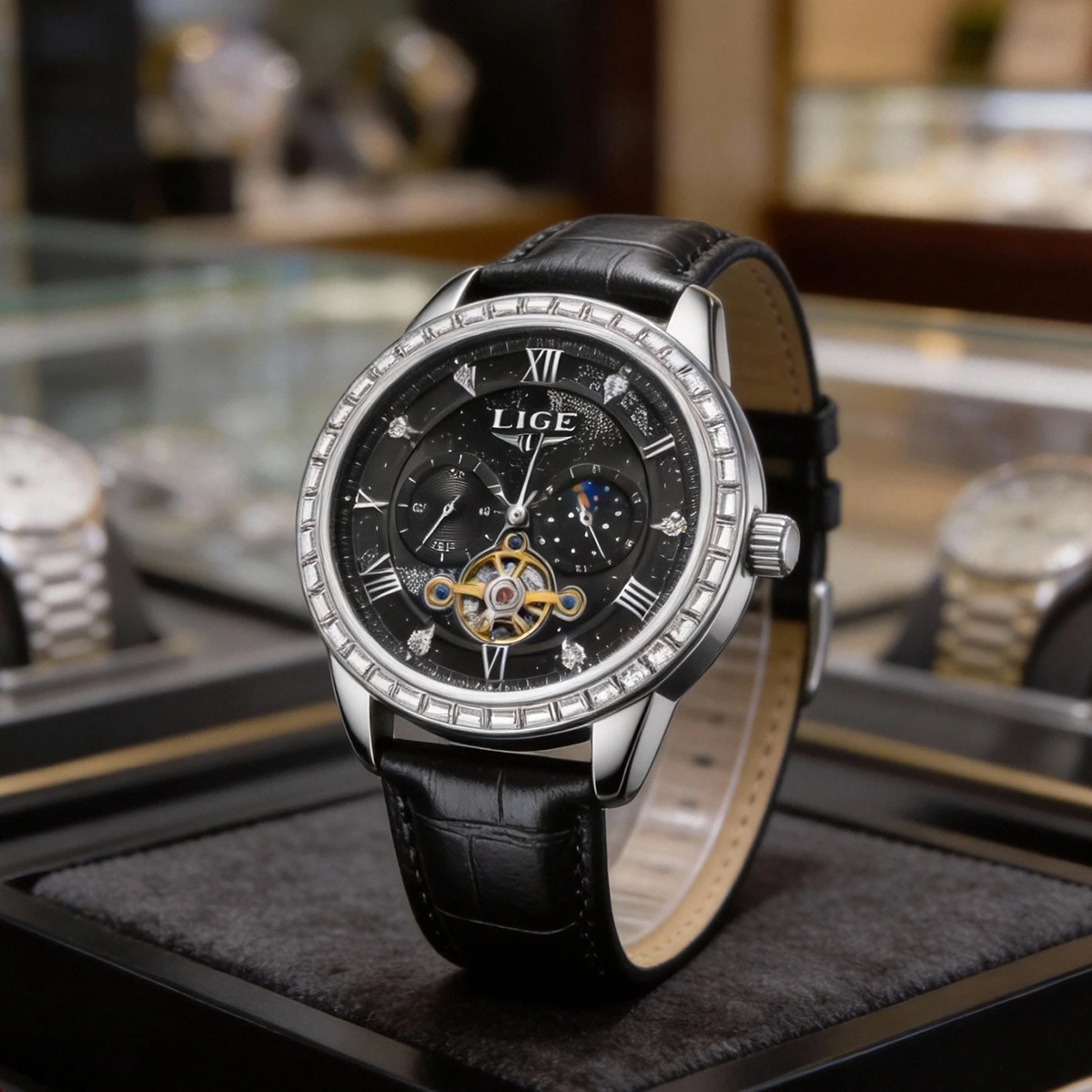 

Мужские часы LIGE, модные механические часы с фазами луны, водонепроницаемые, с римской шкалой, с ажурным циферблатом, автоматические, с ручным заводом.