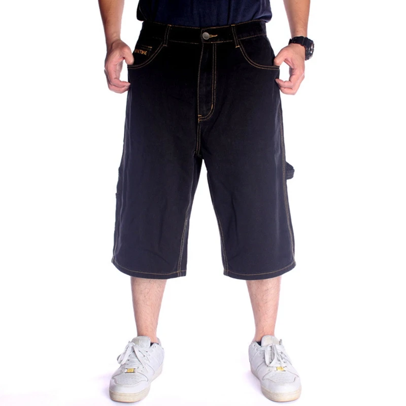 Summer plus size casual denim shorts 36-46 men's washed hip-hop skateboard zipper multi-pocket hip-hop cropped pants