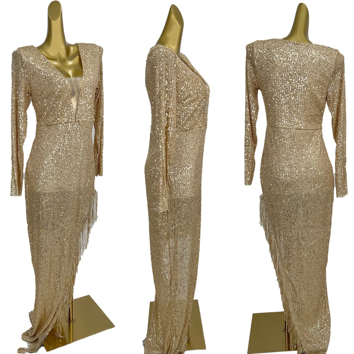 

Loose Big Size Sequins Deep V Neck Long Dress High Side Slits Women Gold Dress Party Outfit Evening Dress