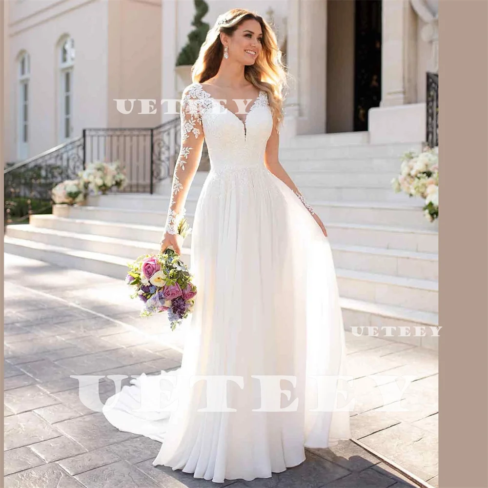 

UETEEY Customized Boho V Neck Long Sleeves Lace Chiffon Wedding Dress A Line Open Back Court Train Bridal Gown vestidos de novia