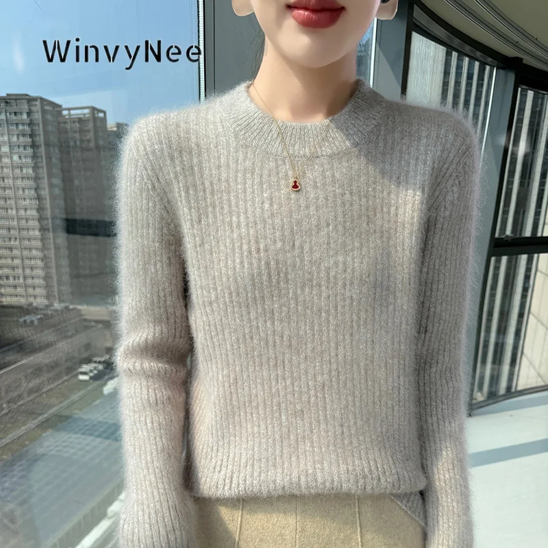 WinvyNee Womens Crew Neck Pullover Fluffy Mink Cashmere Brushed Fabric Marled Soft Cozy Stylish Winter Knitwear Garment A1248029