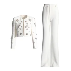 Brand Designer High Quality Beaded Diamonds Two Piece Women White Sets Jackets Suit Coats Long Pants Office Suits