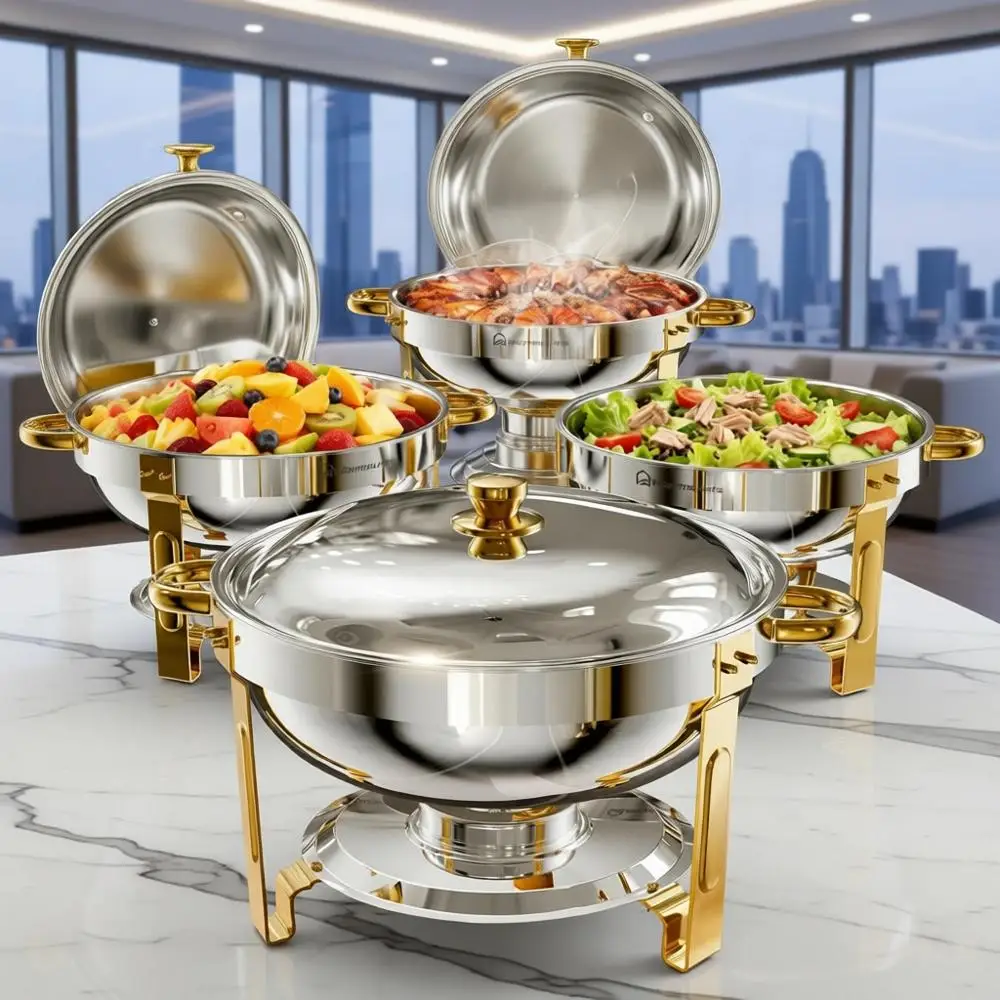 

Round Chaing Dishes Set, 5 Quart, 4 Pack, Stainless Steel Chafers with Lid Holder, Rolled Rim, Stackable Design for Catering and