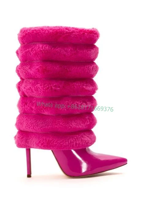 Fuchsia Fur Pointed Toe Stiletto High Heel Boots Fashion Lady Knee High Sexy Boots Luxury Women Shoes Party Fluffy 2023 Leather