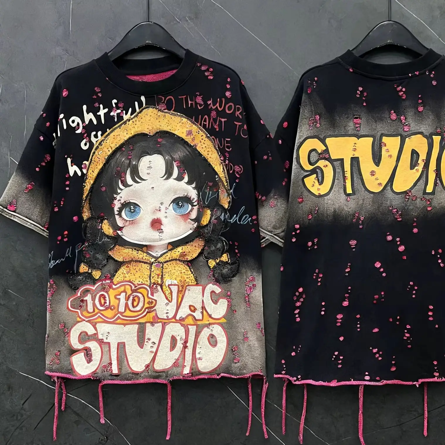 

2026 New Spring Summer All-match Gradient Loose Women Short Sleeve Tees Sequins Cartoon Print Hole Tassel O-neck Casual T-shirt