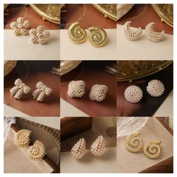HECHENG, French Temperament Light Luxury Style Pearl Earrings Female Niche Design Senior Sense Of water Drop Bow Flower Petal