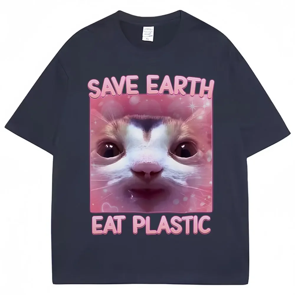 Save the Earth by Eating Kunststoff süße Katze Emoji T-Shirt Damenmode ästhetisches T-Shirt lässig übergroßes Sommer süßes T-Shirt