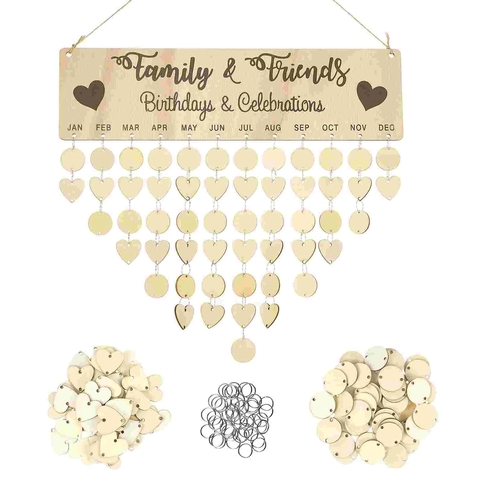 

1 Set Creative Wooden Hanging DIY Calendar Reminder Board Plaque Home Decoration with 50 Round Pendants and 50 Heart Shaped Pend