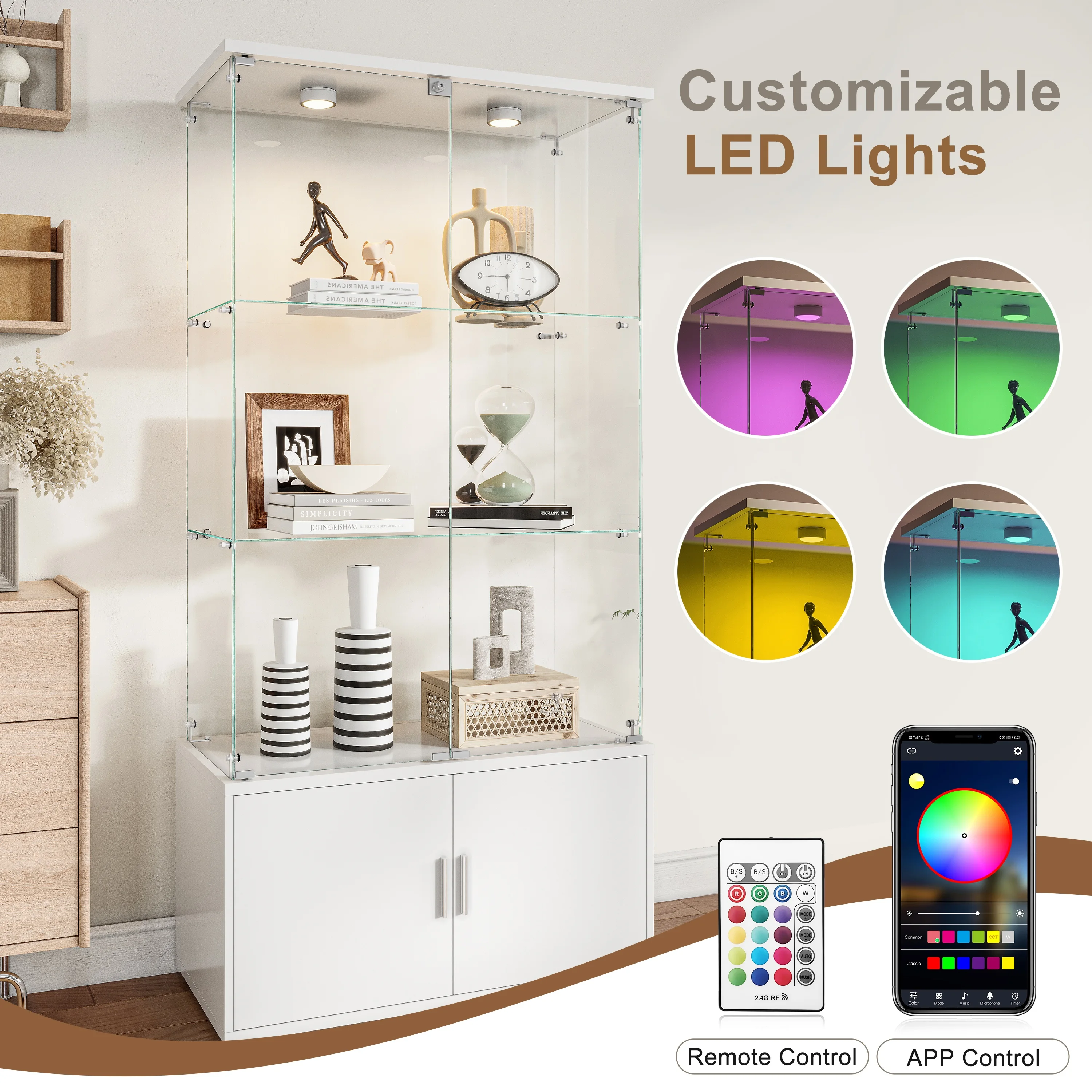 Vitrine en verre Rosahqnda avec éclairage LED, 4 niveaux et 2 portes verrouillables, armoire en bois moderne pour collectionneur