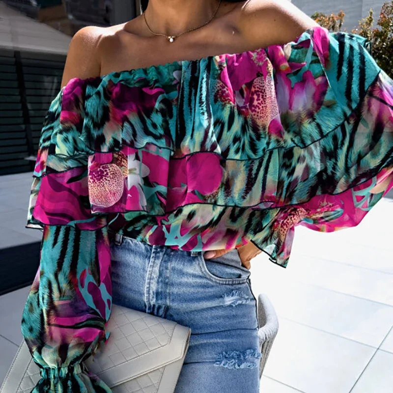 2024 Elegant One Shoulder Commuter Pullover All Match Long Sleeve Pleat Shirts Women Spring Floral Print Ruffles Blouse Tops