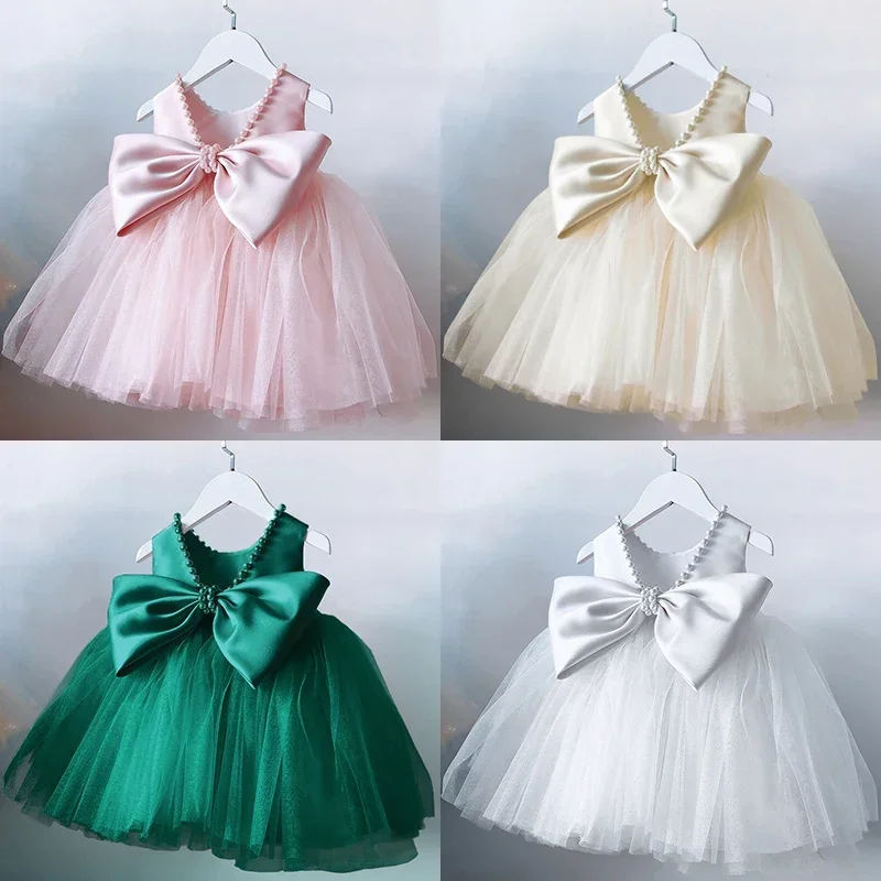 Cute Baby Dress Summer Toddler Kids Bow Clothes Newborn 1st Birthday Baptism Party Dresses Backless Beading Wedding Prom Gown