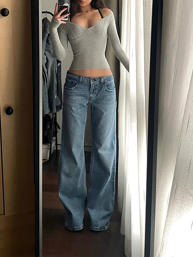 2024 Jeans blu Vintage da donna pantaloni larghi da Cowboy a vita alta Harajuku pantaloni dritti in Denim anni '90 Y2k Trashy 2000s vestiti