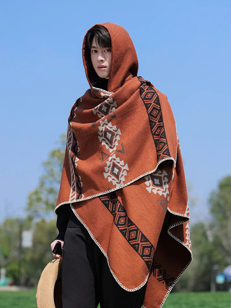 

Зимний женский и мужской шарф-пончо с капюшоном, винтажный принт, вязаный платок-накидка, пашмина, унисекс, новинка