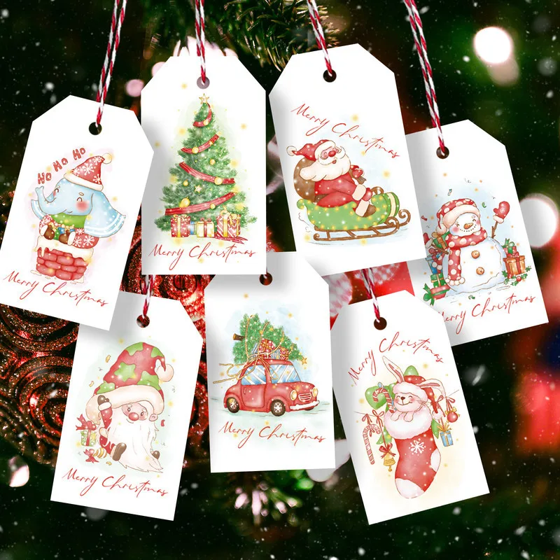 50pcs Christmas Gift Tags Paper Label Cards with Rope Navidad Noel Gift Wrapping Decoration Xmas Tree Hanging Ornaments New Year