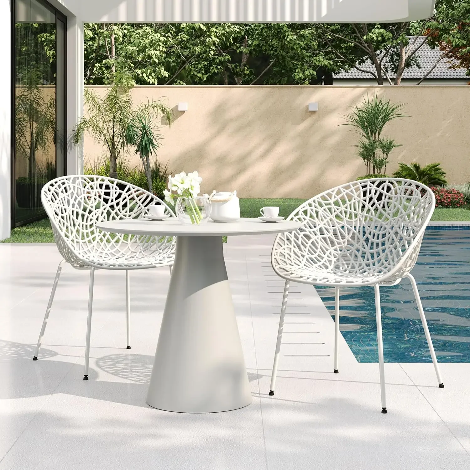 

Outdoor Dining Chair Set Two Minimalist Weather Resistant Side Chair Perforated Diamond Pattern Plastic Blend Material Modern Ar