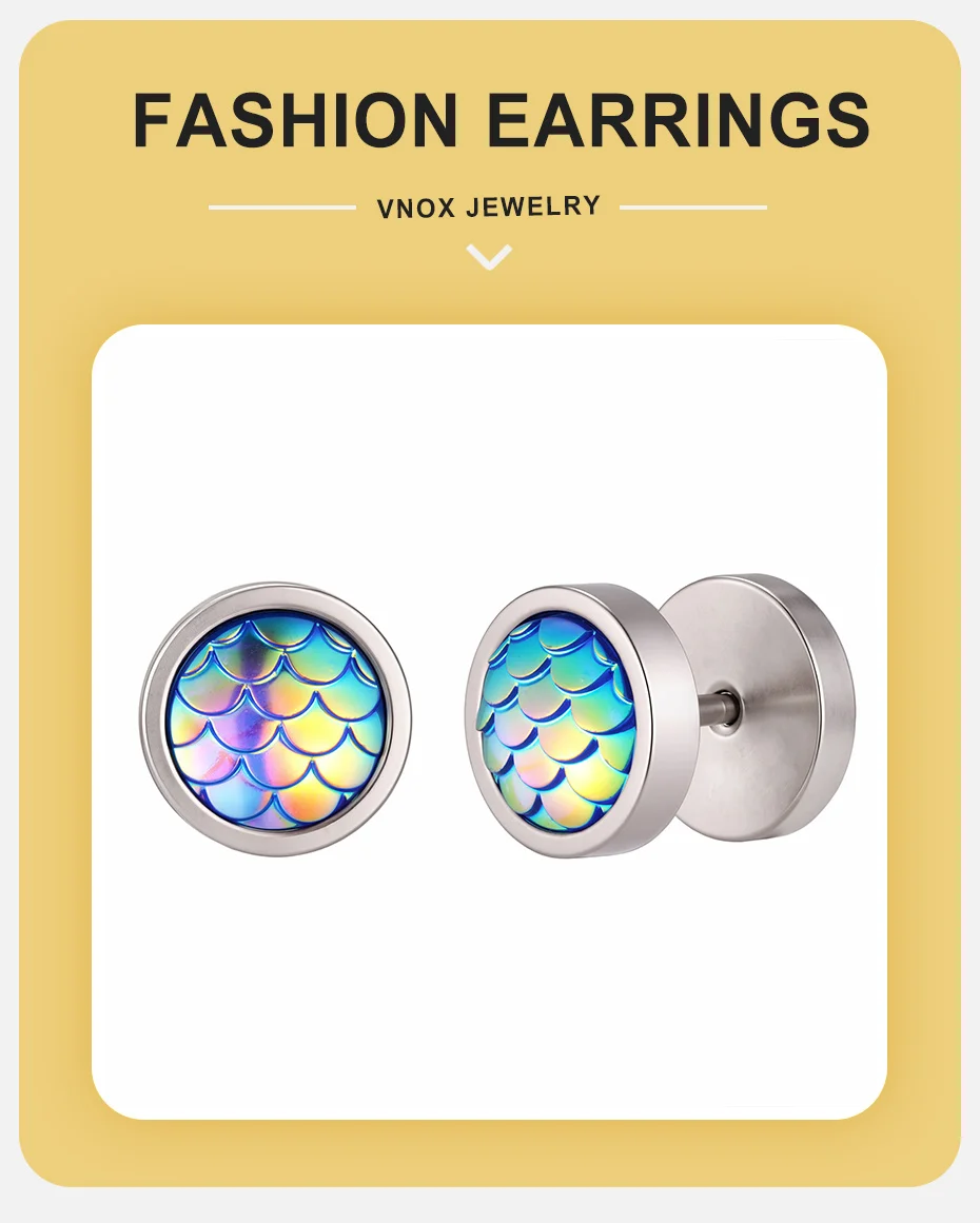 Vnox Regenbogen-Meerjungfrau-Fischschuppen-Ohrstecker, Edelstahl, antiallergisch, 10 mm, runde Ohrringe für Männer und Frauen, Piercing-Schmuck – Detail 1