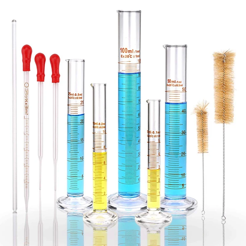 Glass Graduated Measuring Cylinders Set,Premium Borosilicate Cylinders Kit with 3 Pipettes+2 Brushes+1 Stirring Rod