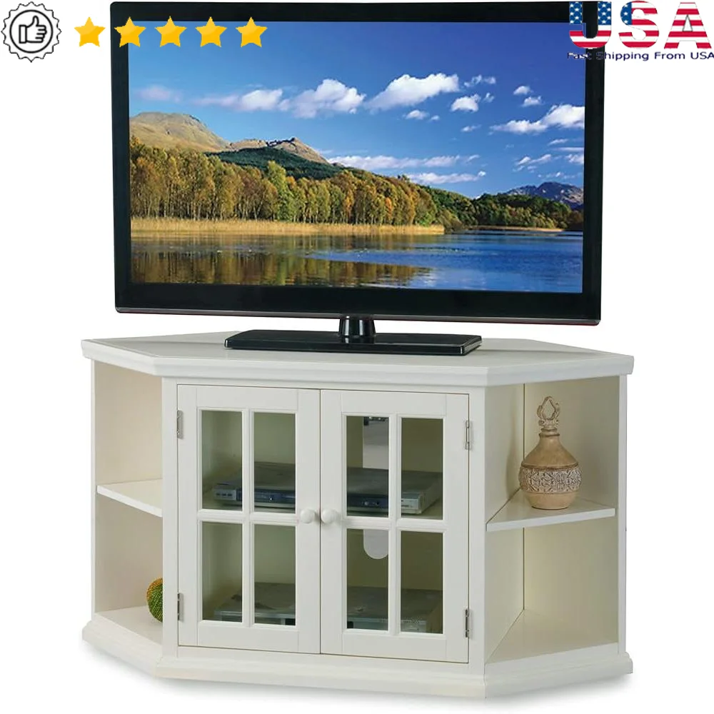 Space Saving Corner TV Stand 50 Inch TVs Wood Furniture with Bookcases and Tempered Glass Door Entertainment Center