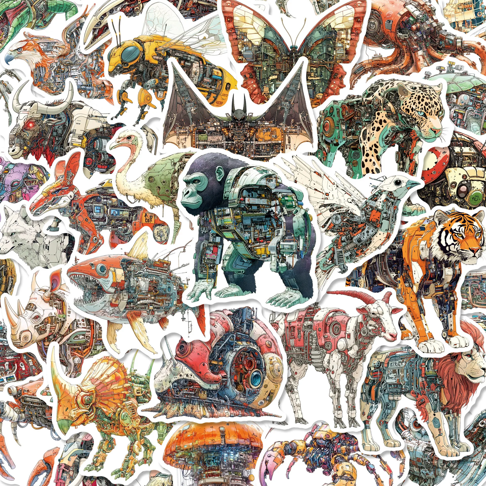 50/30/10‑Sheet Waterproof Mechanical‑Style Animal Graffiti Stickers, DIY Decor for Luggage, Skateboards & Helmets