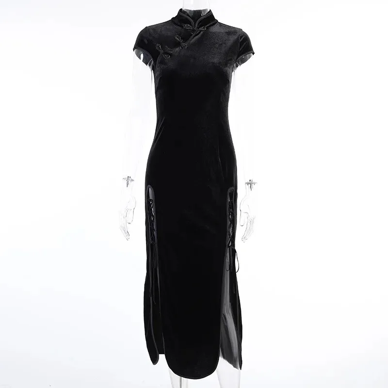 Chinese Retro Black Cheongsam Lady Elegante Avondjurken Feest Gothic Qipao Vrouwen Hoge Split Bandage Sexy Oosterse Lange Jurk