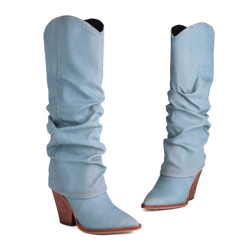 Kcenid Women Denim Knee High Boots Pointed Toe Slip-on Women High Heels Long Boots Sexy Pleated Solid Party Shoes Woman