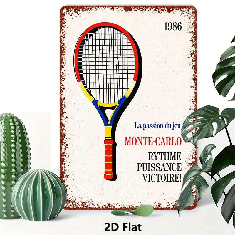 2D Flat - 1pc Vintage Tinplate Tennis Racket Wall Art | 2D Flat Effect, Iron Material, Wall Hanging, Suitable for Living Room, B