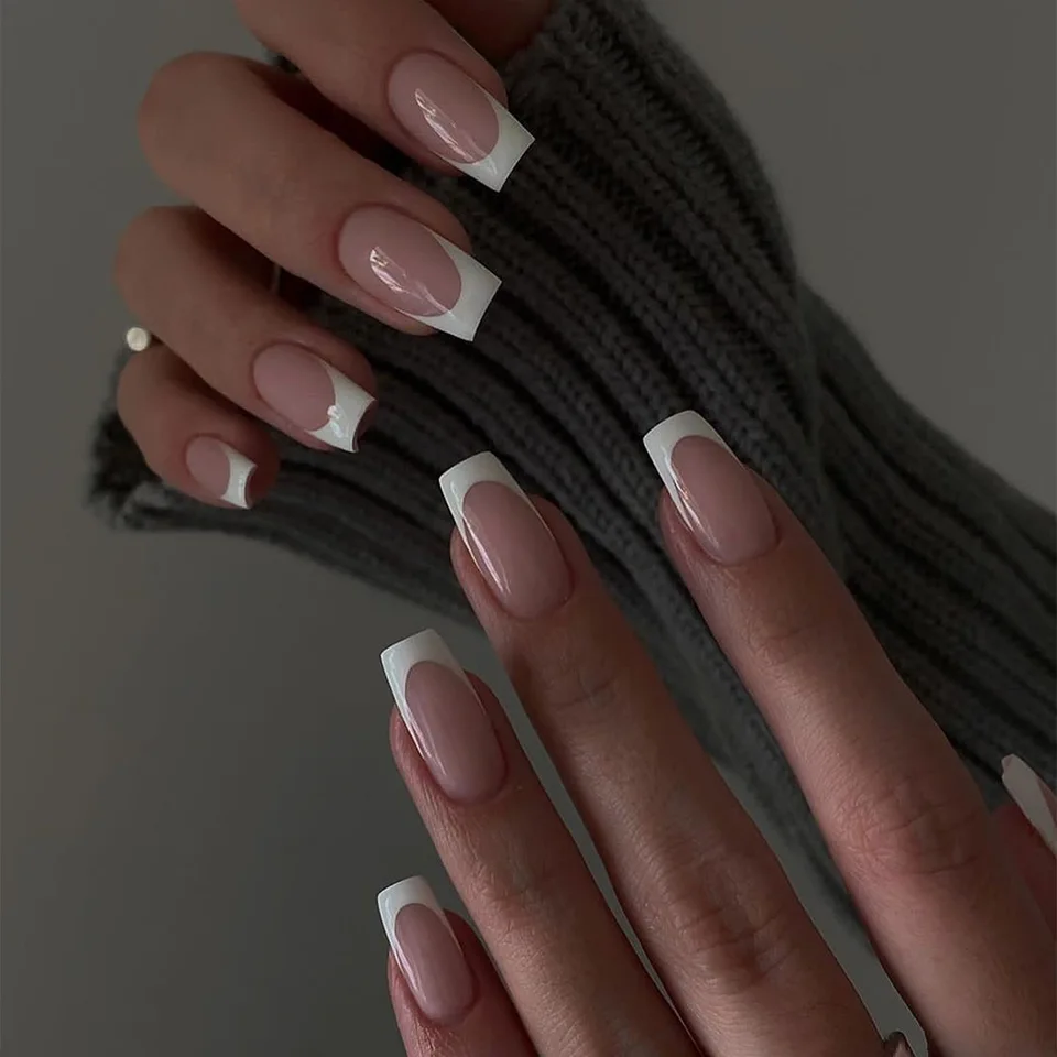 24 piezas uñas postizas press on francesas de punta, minimalistas, color sólido, medianas, cuadradas, con pegamento 6