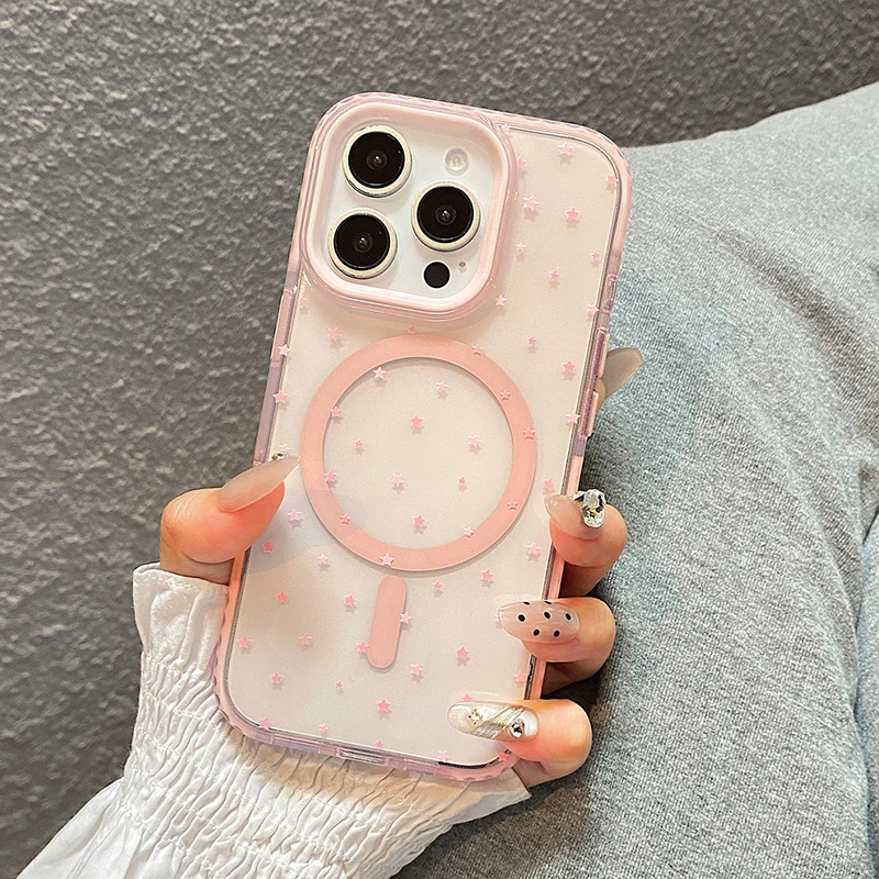 

Pink Stars Magnetic Wireless Charge Clear Soft TPU Back Cover For iPhone 13 14 15 16 Pro Max Magsafe Case
