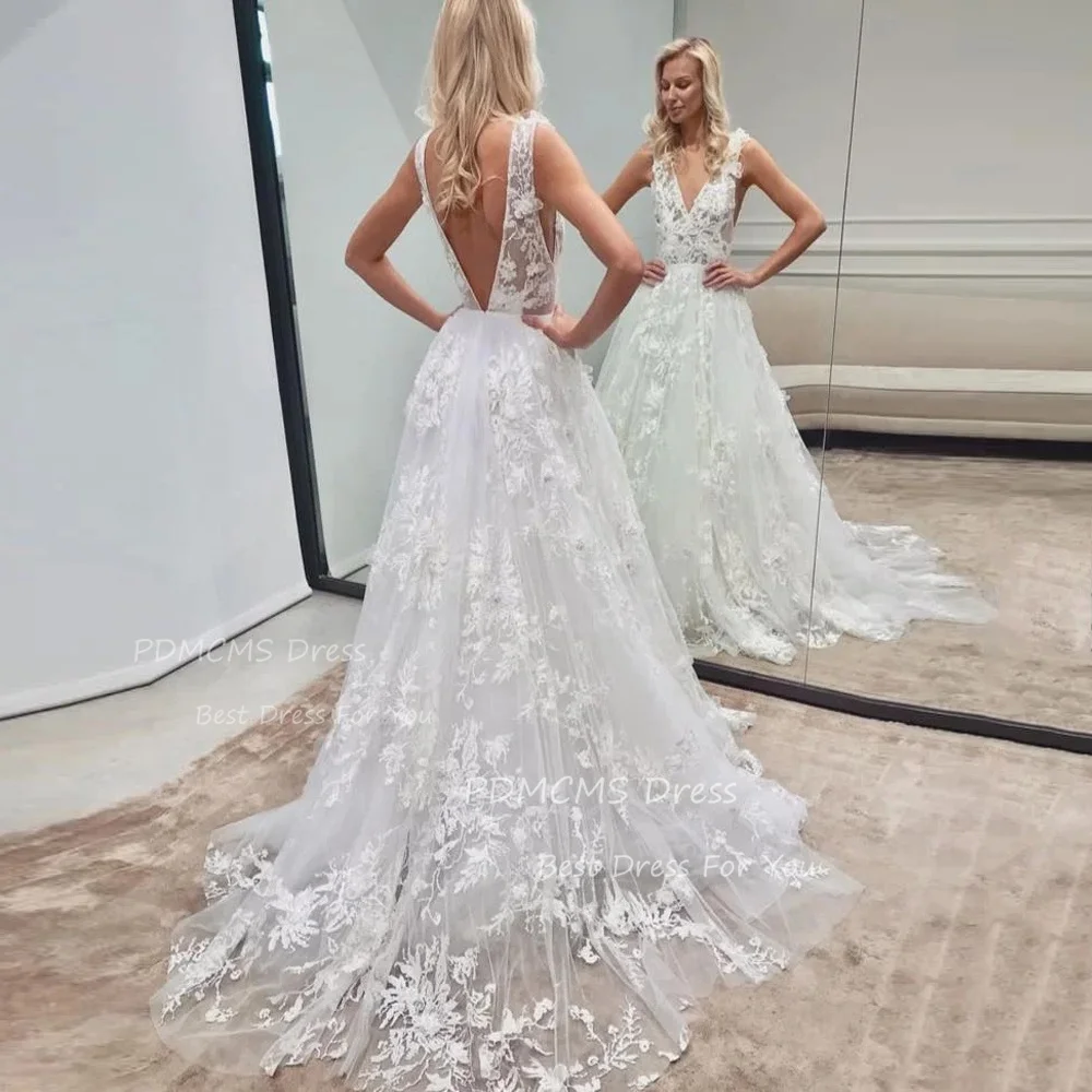 

Elegant Deep V Neck Beach Wedding Dresses Backless Bride Dress Appliques Lace Bridal Gowns Tulle vestido de novia Sexy Plus size