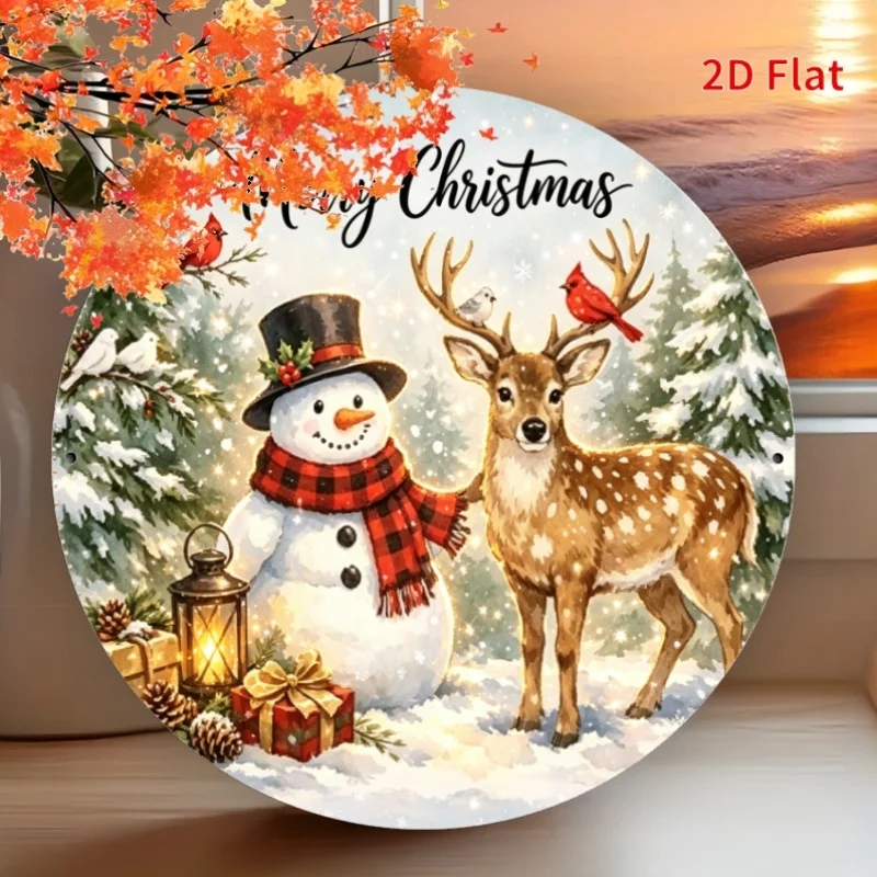 2D Flat - [2Dflat]1pc 20X20Cm- Merry Christmas Round Metal Tin Sign, Snowman Deer Red Cardinal Bird Snowy Pine Tree Retro Metal